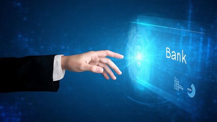 Banking hand pushing button on touch screen interface