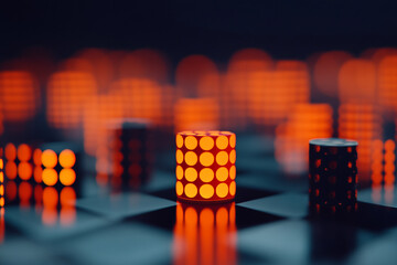 Poster - Glowing orange cylindrical object with circular cutouts, positioned on a dark surface, surrounded by blurred orange lights, creating a showcase effect