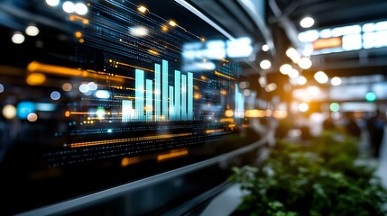 Poster - Digital financial graph bars glowing on dark glass surface with bokeh lights and reflections, modern business analytics visualization background.