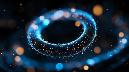 Poster - Magical glowing blue spiral light trail with sparkles and bokeh effects against dark background creates mesmerizing abstract cosmic atmosphere.