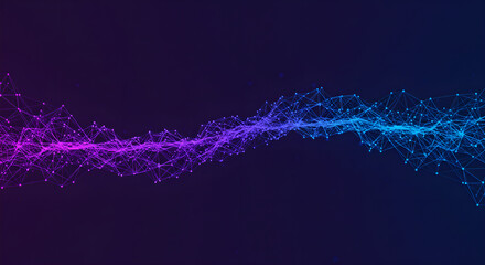 Poster - Abstract plexus structure with neon glow for wallpaper. Technology connection wave with network nodes for presentation graphic. Neural network with data transfer