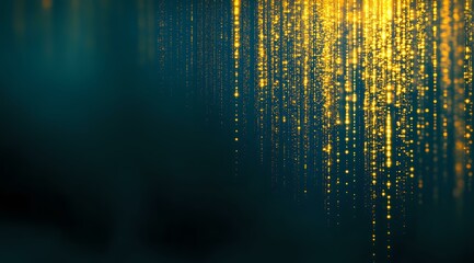 Poster - Glowing golden particles falling like digital rain against dark teal background, creating magical light effect for technology and data visualization concepts.
