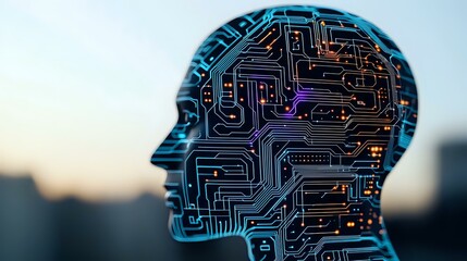 Poster - Glowing circuit board pattern forming human head silhouette against blurred cityscape background, representing artificial intelligence and digital consciousness.