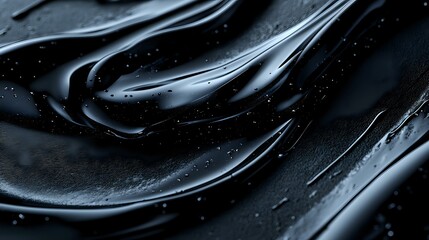Aufkleber - Glossy black liquid cosmetic texture with smooth flowing waves and droplets creates luxurious skincare product background for beauty industry advertising.