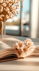 Poster - Open book with delicate peach blossoms resting on pages, bathed in warm sunlight. Soft focus background with dried flowers in vase creates romantic reading atmosphere.