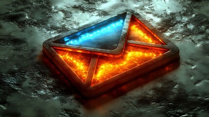 Poster - Glowing envelope icon with fiery orange and blue neon effects against dark stormy background, dramatic lighting creates mysterious atmosphere for communication concept.