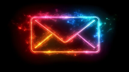 Poster - Glowing neon mail envelope icon with colorful light effects and sparkles on black background, digital communication concept for business designs.