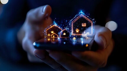 Poster - glowing digital houses float above smartphone screen with magical sparkles and bokeh lights, hands h