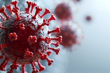 Poster - Microscopic view of coronavirus cell structure in deep red color showing spike proteins against blurred gray background for medical and scientific visualization.