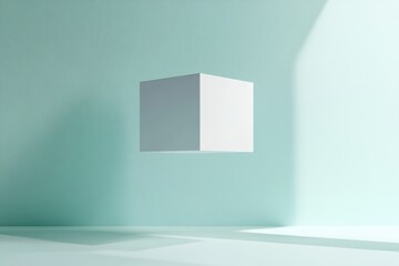 Aufkleber - Floating white cube in a minimalist mint green interior with soft lighting during daylight