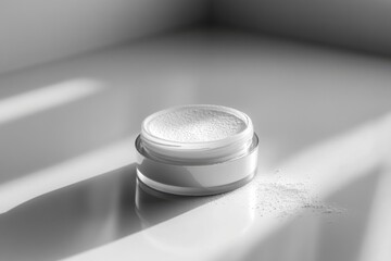 Poster - Natural light highlights a cosmetic powder container on a sleek surface