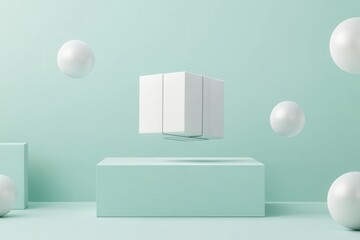 Fototapete - Floating white cube and spheres in a minimalist turquoise setting showcasing modern design and creativity