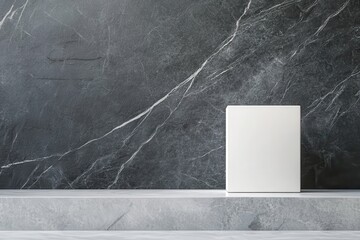 Fototapete - Minimalist white cube sculpture on a marble countertop against dark textured wall in modern interior design setting