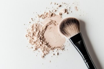 Poster - Makeup brush resting beside loose powder on a white surface highlighting beauty and cosmetics essentials