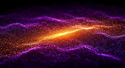 Poster - Digital data stream background for science design. Purple and orange glowing particle wallpaper. Abstract glitter energy flow. Data visualization and information analytics.