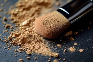 Poster - Makeup brush covered in loose powder laying on dark surface in a beauty setup