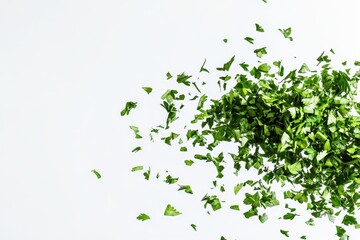 Poster - Freshly chopped green herbs scattered over a clean surface for culinary preparation in a kitchen setting