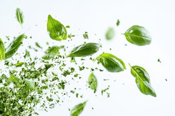 Poster - Fresh basil leaves floating above dried basil flakes on a white background for culinary inspiration
