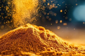 Poster - Golden spice sprinkle creates an enchanting cloud of flavor over a mound of aromatic powder during a culinary preparation process