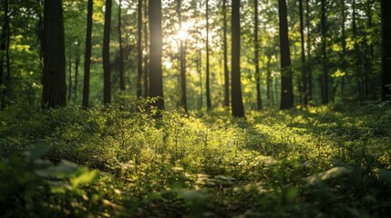  Forest Sunlight Filtering Through Trees Illuminating Green Undergrowth