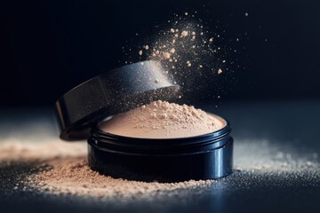 Poster - Loose powder spills from a black container, creating a cloud of particles in a dimly lit environment