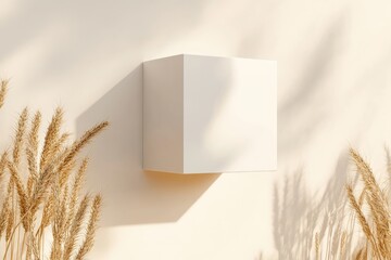 Poster - Minimalist design featuring a white geometric block against a soft background with dried grass accents
