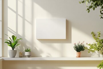 Poster - Minimalist indoor space with plants and unadorned wall in bright natural light