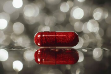 Aufkleber - Bright red capsule resting on a reflective surface with a blurred background, capturing a moment of pharmaceutical detail and color
