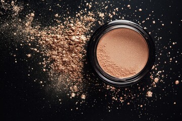 Poster - Shimmering bronze loose powder scattered on dark surface with a clear container highlighting makeup artistry