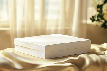 Poster - Elegant white box resting on a soft fabric surface in a sunlit room adorned with soft curtains and flowers