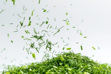 Poster - Fresh herbs being sprinkled over a mound of greens in a well-lit kitchen setting