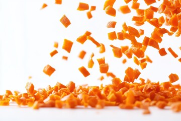 Aufkleber - Diced carrots falling against a white background showcasing fresh food preparation for healthy cooking