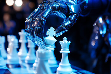 Poster - Robotic hand moving chess piece,  blue-lit scene showcasing strategy, artificial intelligence, and technological advancement in gameplay