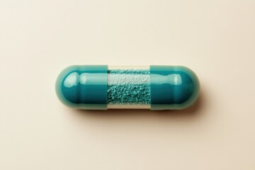 Aufkleber - Colorful capsule filled with bright green powder resting on a soft beige surface creates a striking visual contrast and curiosity