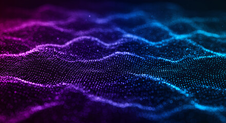 Poster - Abstract digital wave background with glowing particles. Neon color gradient from blue to purple for technology or science presentation. Data visualization concept