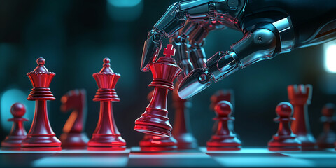 Aufkleber - Robotic hand moving red chess king piece, strategic game concept, artificial intelligence, technology, future, competition, victory, challenge