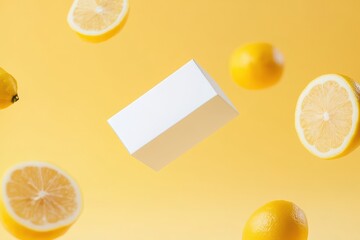 Poster - Floating white box with lemons and lemon slices against a vibrant yellow background creating an eye-catching composition
