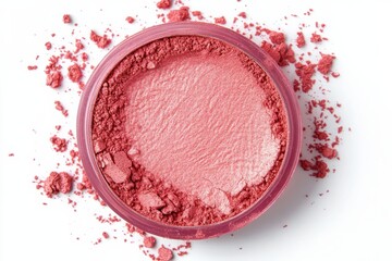 Poster - Natural pink blush powder in a round container on a white surface with scattered particles around it