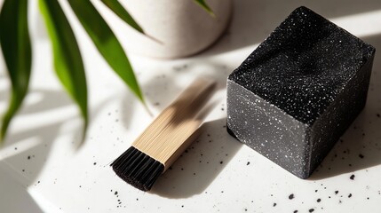 Poster - bamboo brush and black cube resting on a white surface surrounded by green leaves in natural light
