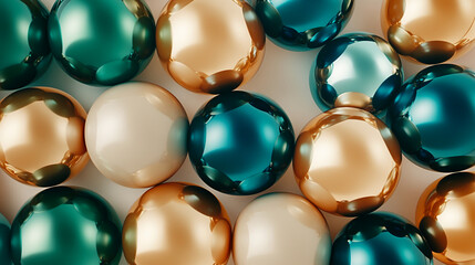 Aufkleber - Close-up of smooth, metallic spheres in teal and gold hues, creating a luxurious and elegant visual. Represents sophistication, opulence, and modern design, ideal for backgrounds or branding