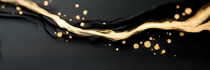 Poster - Luxurious gold liquid wave splashing with glowing particles on black background, abstract fluid motion design element for premium branding and packaging.