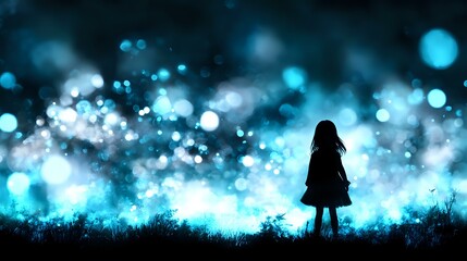 Poster - Silhouette of young girl standing in magical night field with glowing blue bokeh lights and dreamy atmosphere, dark fantasy artistic scene.