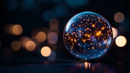 Poster - Glowing constellation patterns reflected in crystal ball with bokeh lights background creating magical starry night atmosphere for mystical concept photography.