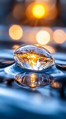 Poster - Macro water drop with golden sunset light reflection creating magical atmosphere on blue surface with bokeh background and mirror effect.