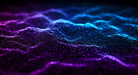 Poster - Abstract flowing data points wave motion background in glowing blue and purple color gradient for technology, futuristic presentation and innovative backdrop