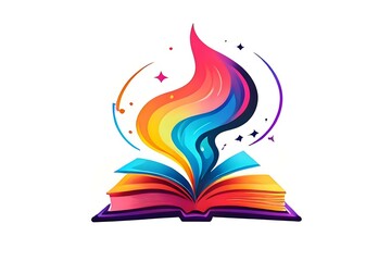 Poster - Open book with vibrant rainbow pages and magical swirling energy emerging, surrounded by sparkling stars on white background, ready for creative projects.