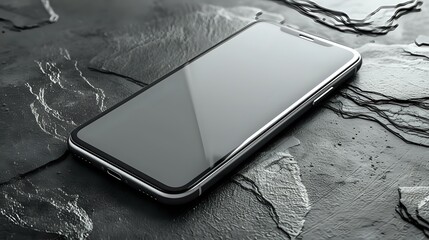 Poster - modern smartphone on dark stone background with dramatic lighting and reflective screen surface, min