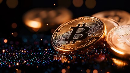 Poster - Golden cryptocurrency coin on dark background with colorful bokeh lights and reflective surface, macro view showing detailed texture and metallic shine.