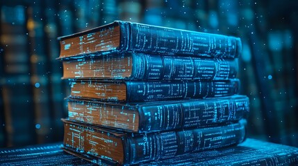 Poster - Stack of vintage leather books in blue night lighting with magical sparkles and bokeh effect, creating mysterious atmospheric composition for fantasy or education concepts.