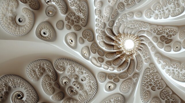 A complex fractal pattern with a central glowing core and spiral elements, rendered in light tones, resembling shells or organic structures.
